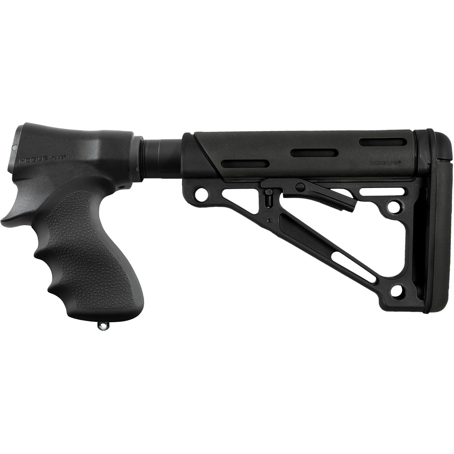 Hogue Remington 870 buttstock adapter kit with collapsible stock and Tamer pistol grip showing complete assembly in black