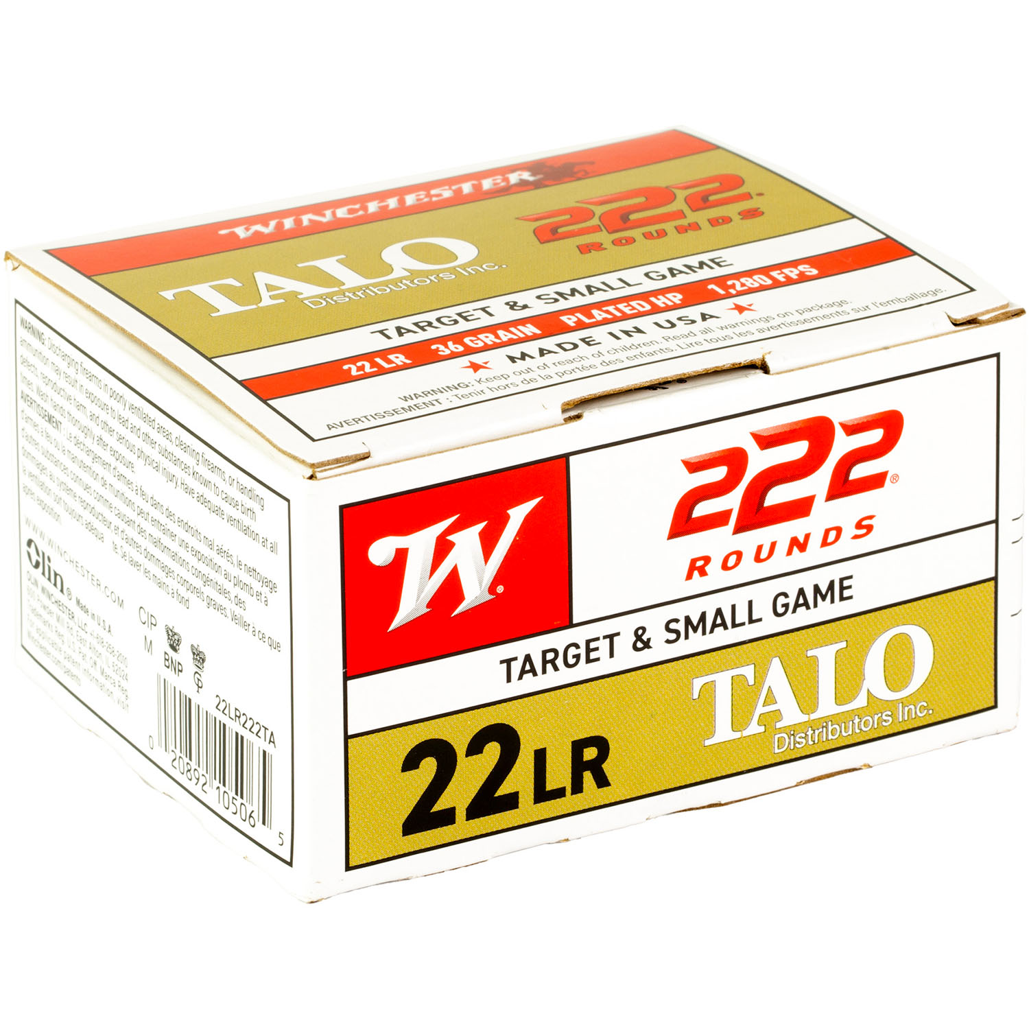 Winchester .22 LR 36gr copper plated hollow point 222-round bulk box angled view