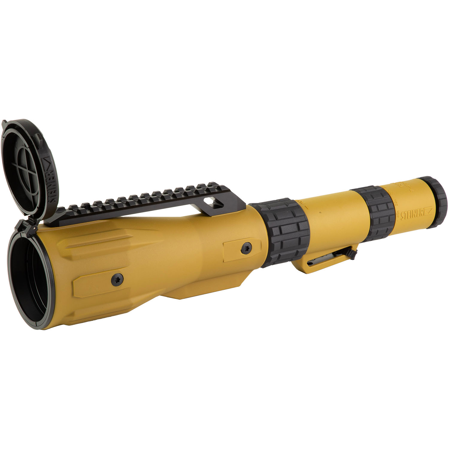 Steiner TS740 tactical spotting scope left side view with 60mm objective lens and integrated ARCA adapter