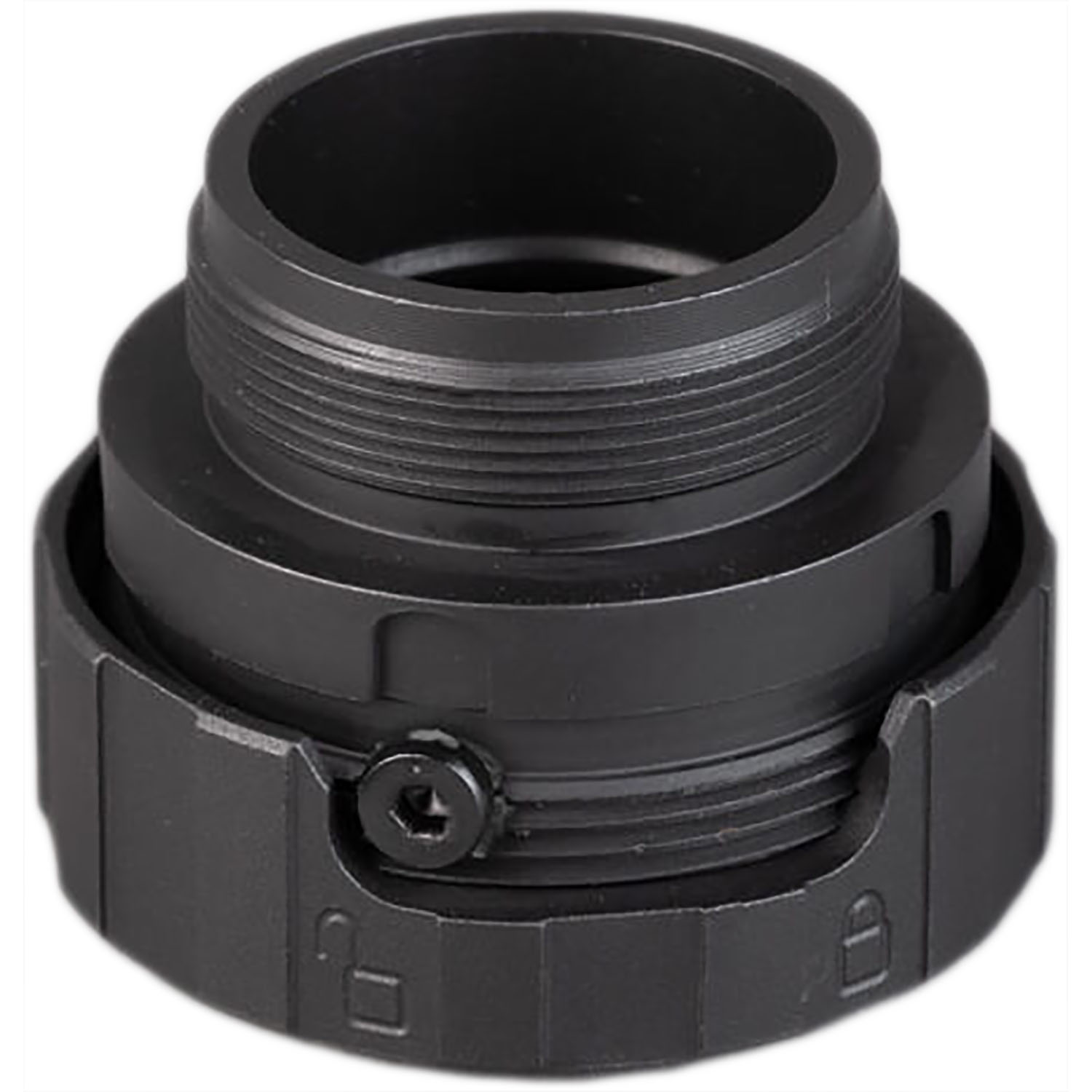 SilencerCo Alpha ASR Mount angled view showing internal threads, locking ring tabs, and retention spring mechanism