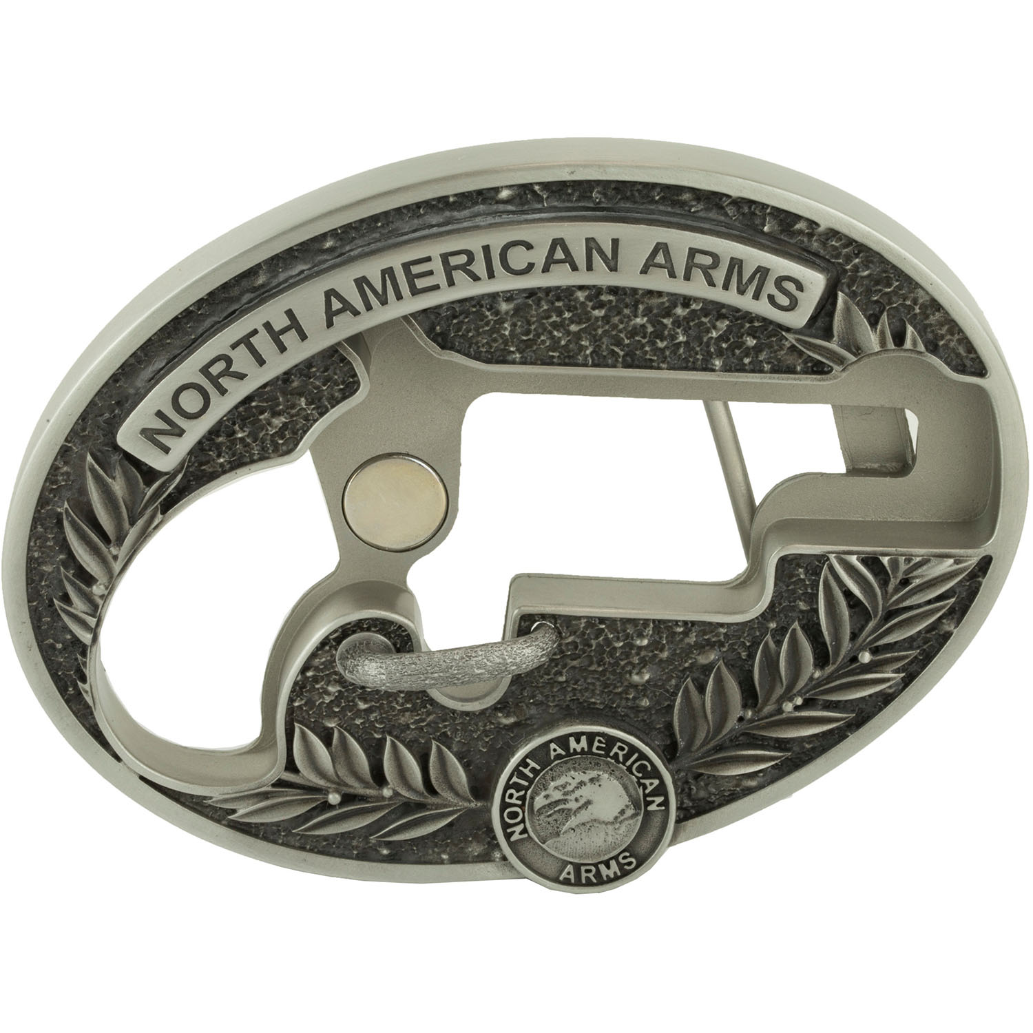 North American Arms concealed carry belt buckle ornate oval design with laurel wreath detailing