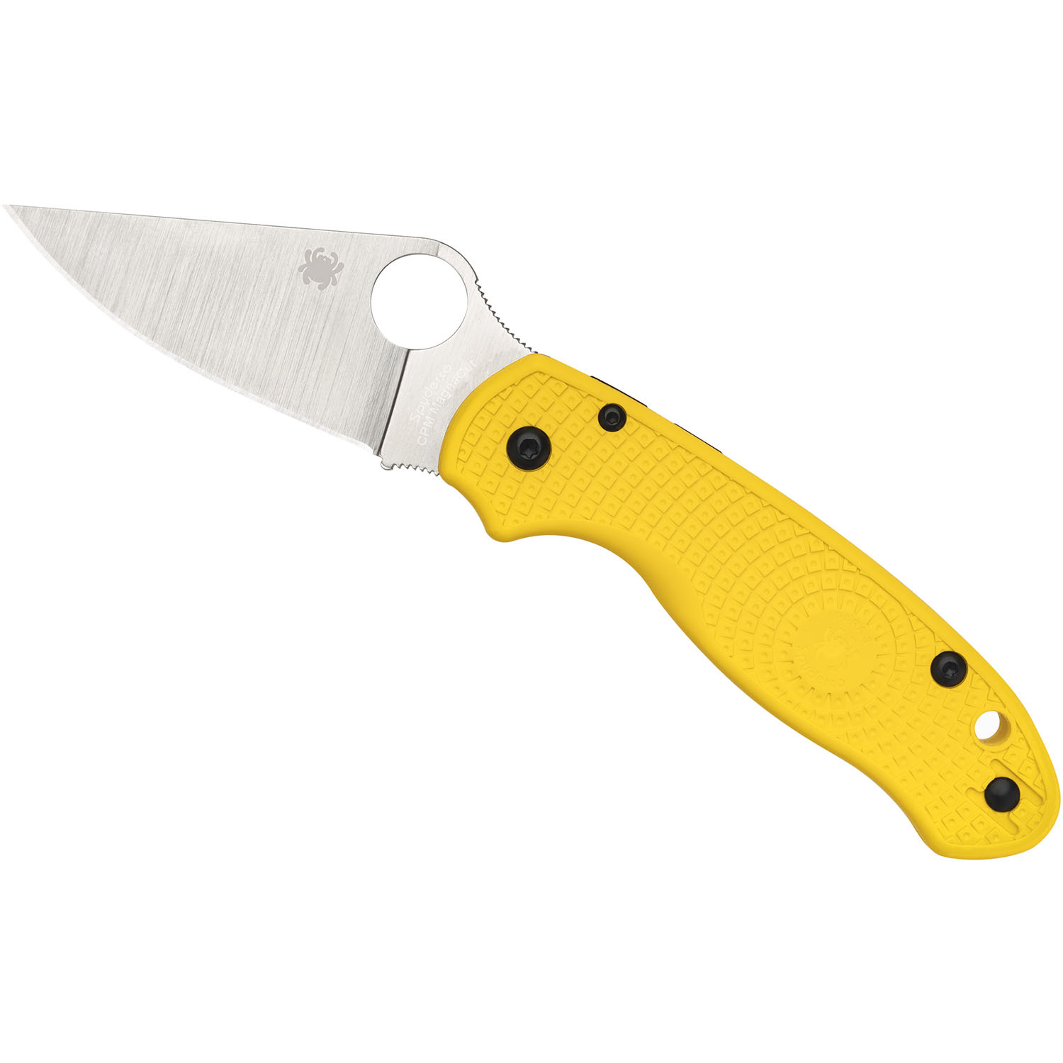 Spyderco Para 3 Lightweight folding knife C223PYL with yellow FRN handle and 2.92 inch satin blade in open position