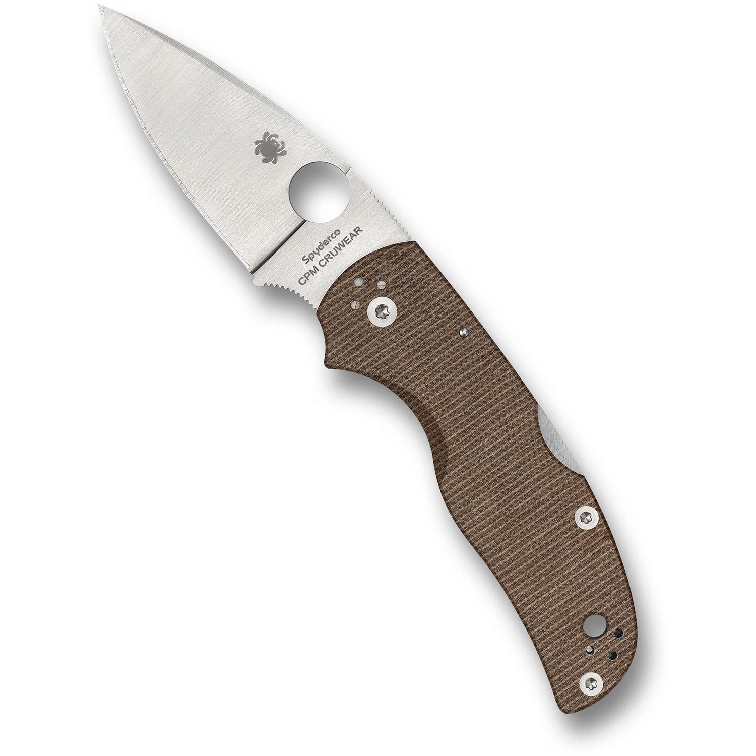 Spyderco Native 5 folding knife with brown canvas Micarta handle and CPM CRU-WEAR satin blade open