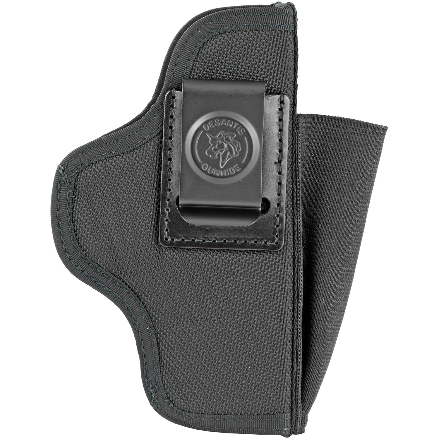 DeSantis Pro Stealth N87 IWB holster in black nylon showing metal spring clip and DeSantis Gunhide logo