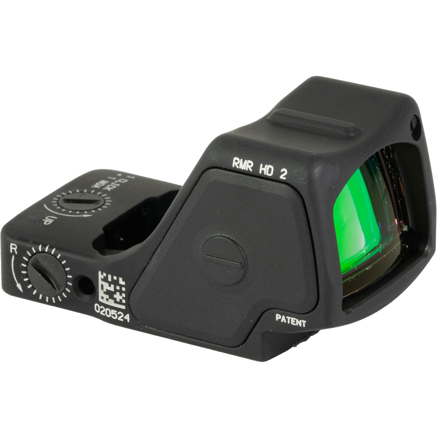 Rear view of Trijicon RMR HD reflex sight showing top-loading battery compartment, windage controls, and RMR HD 2 marking.