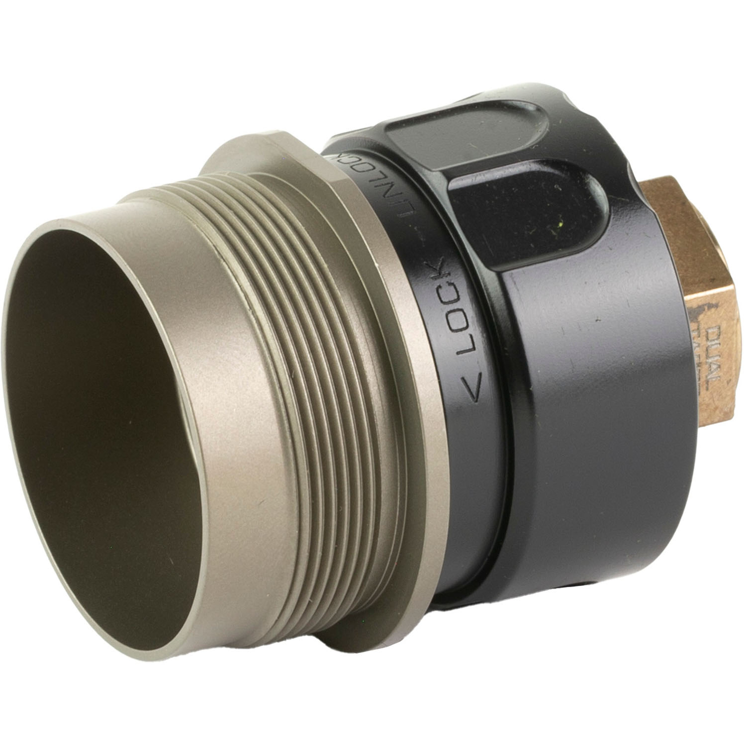 Angled side view of Rugged R.U.M. suppressor mount highlighting 1.375x24 threading, titanium body, and engraved lock-unlock ring with ergonomic grooves