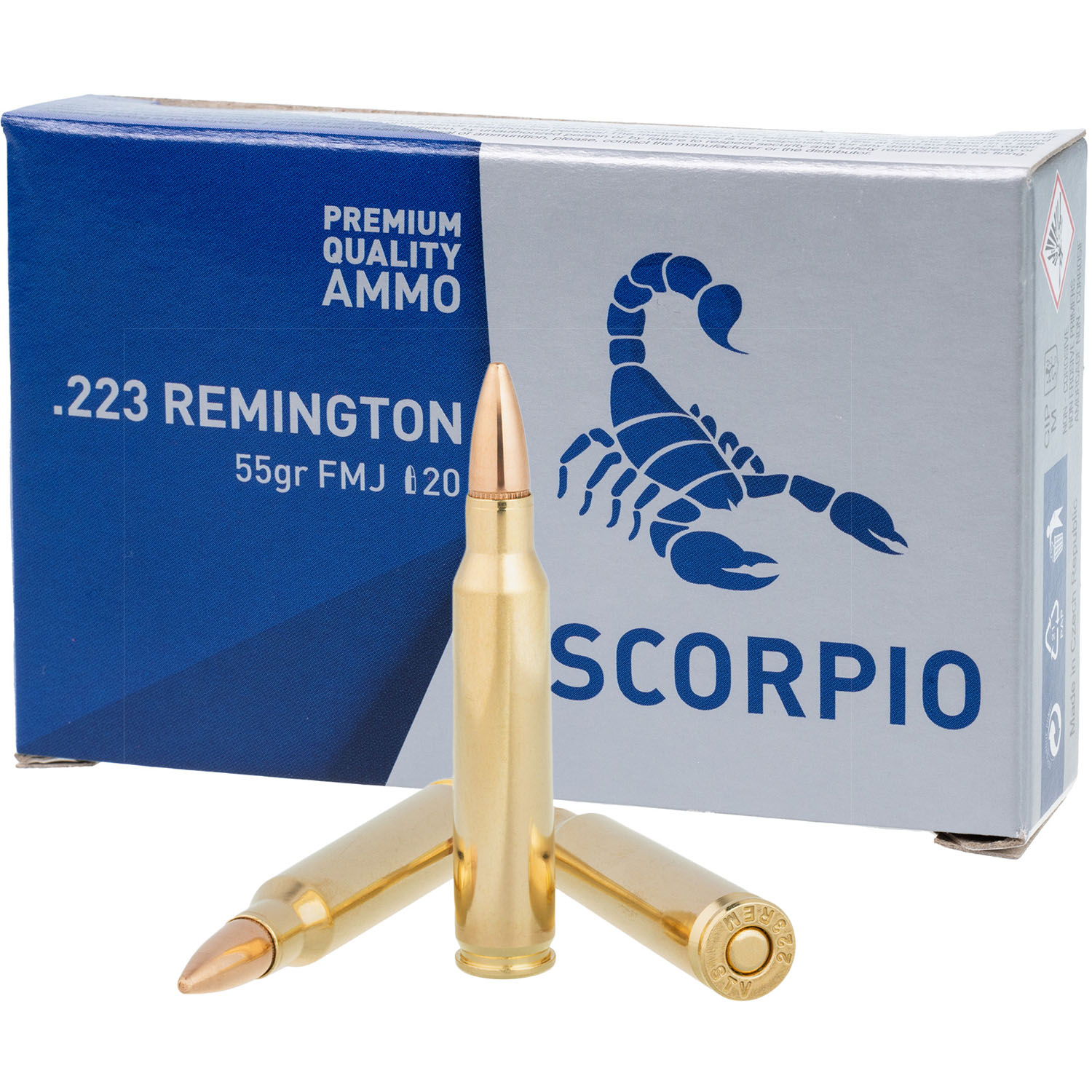 STV Technology Scorpio .223 Remington 55 grain FMJ ammunition box with brass cartridges displayed