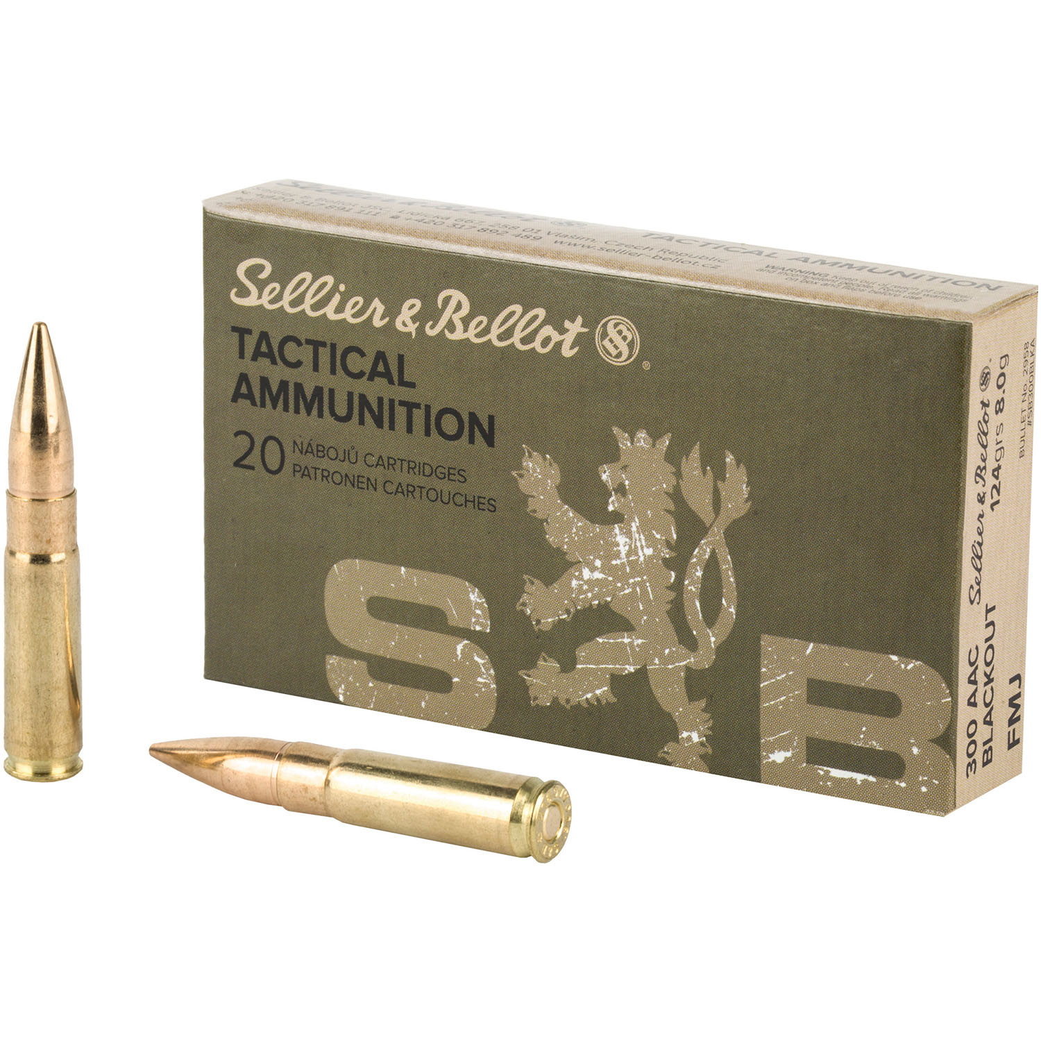 Sellier & Bellot 300 Blackout ammunition box displayed with loose brass FMJ cartridges
