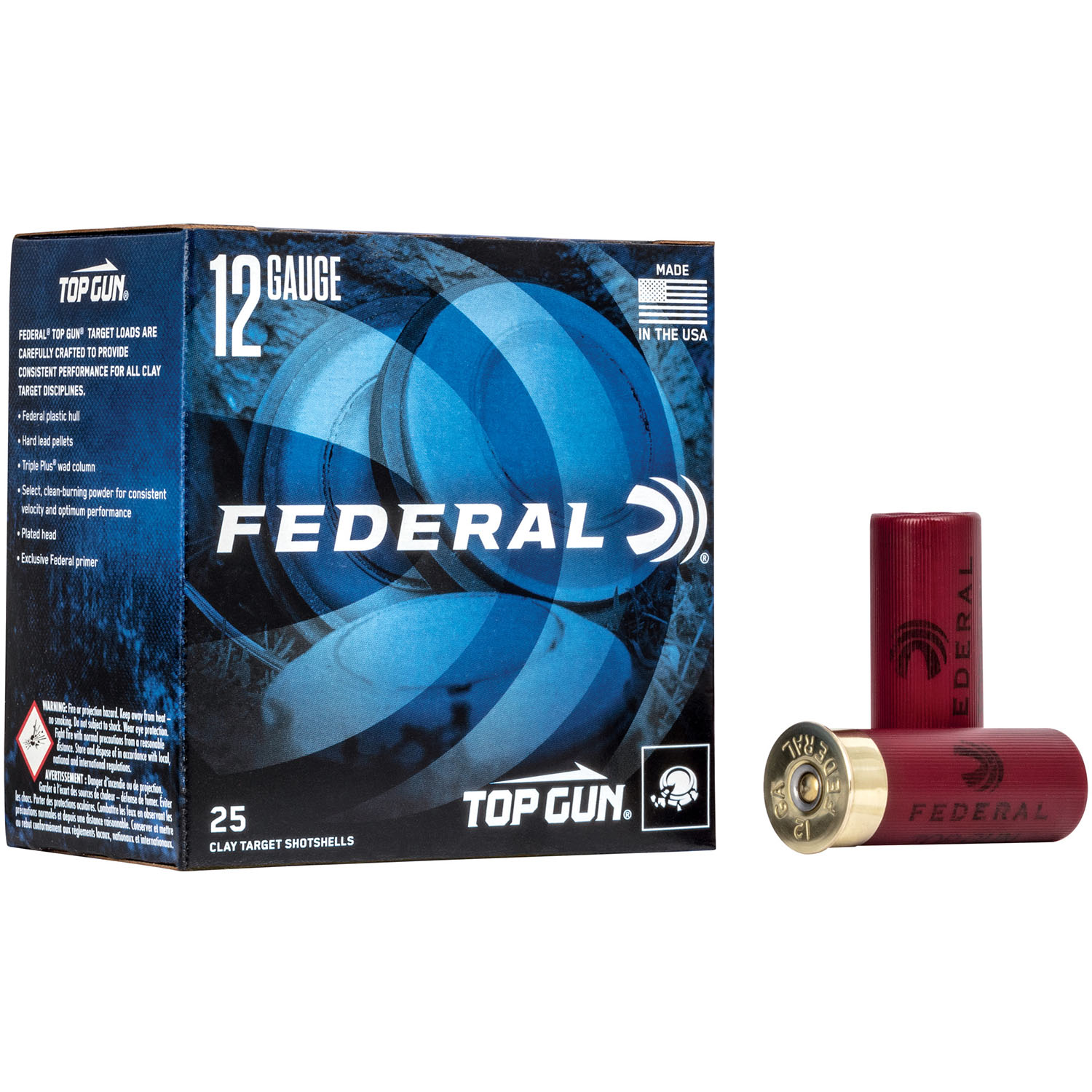 Federal Top Gun 12 gauge ammunition box with blue clay target design and two red shotshells with brass bases